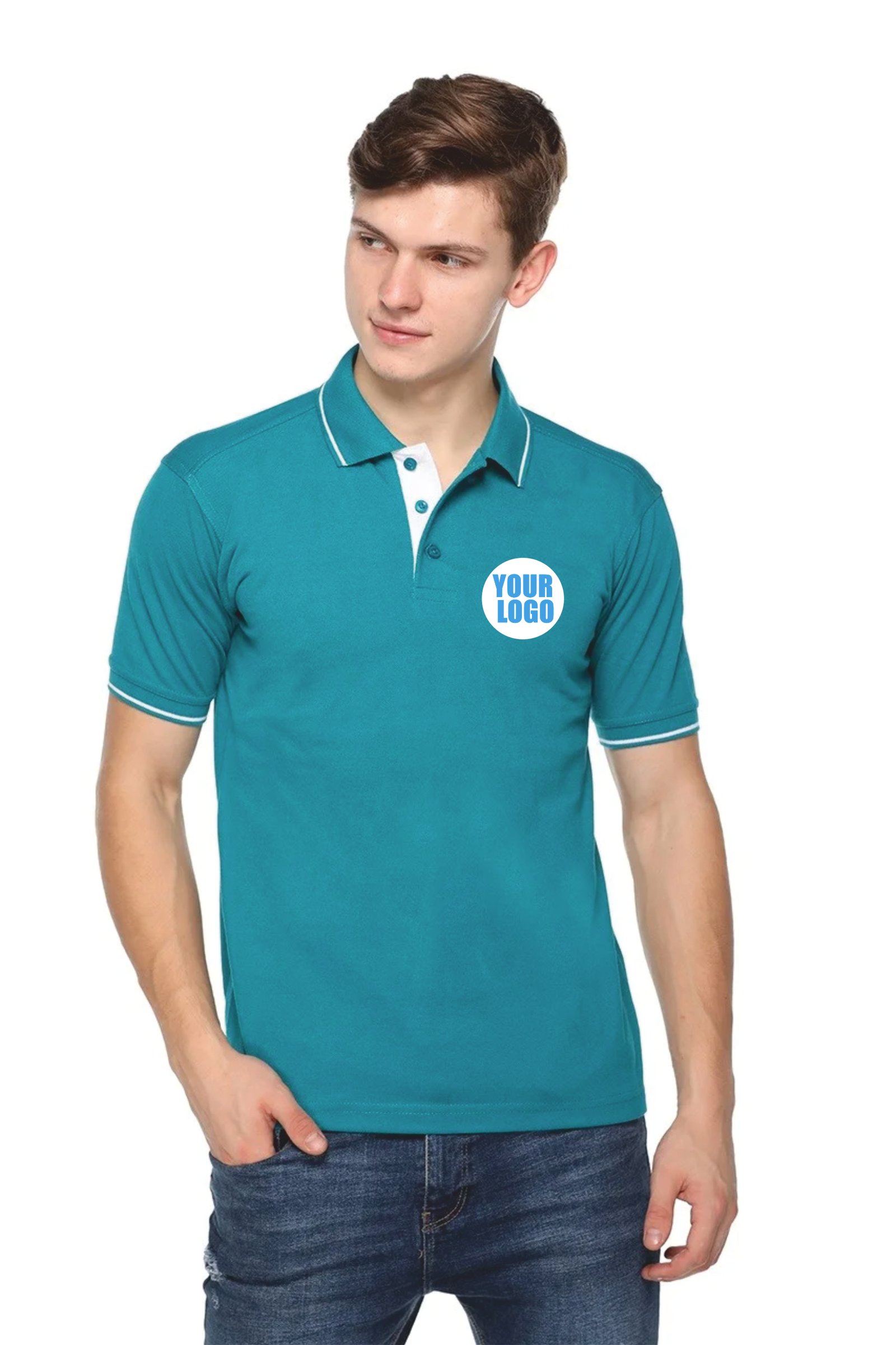 Aqua Blue -Custom Pikmee Highline Polo White rib line T-shirt
