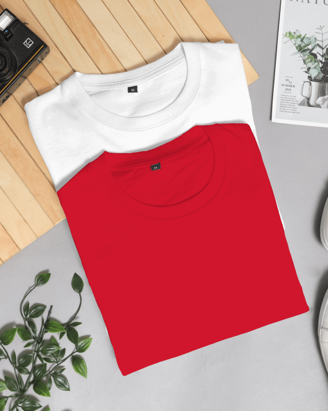 White & Red-Plain Combo T-Shirt